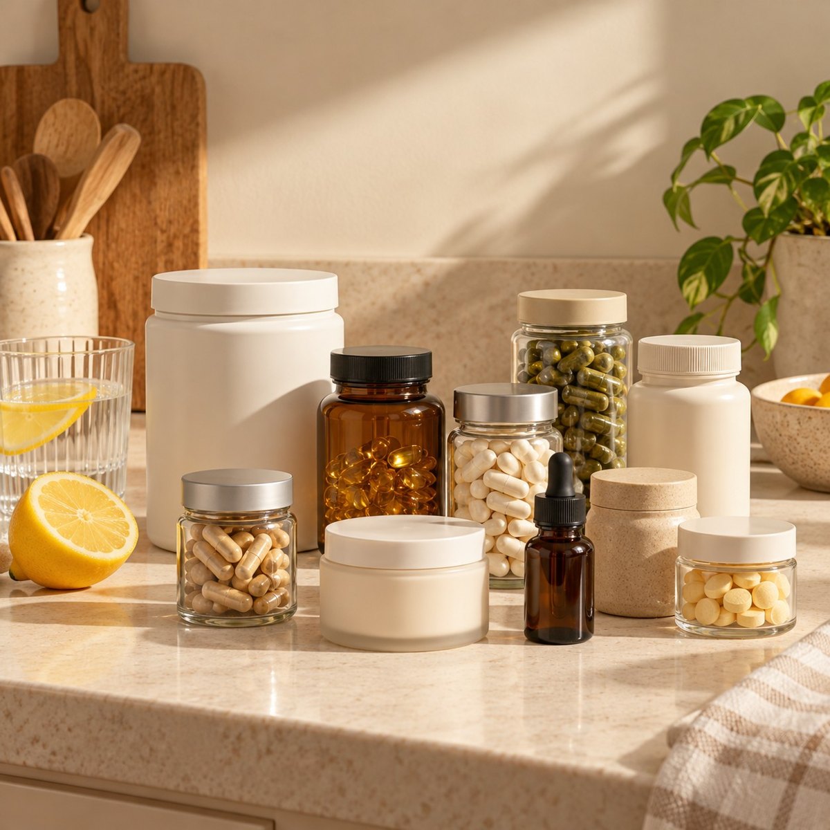 A kitchen counter crowded with separate supplement bottles